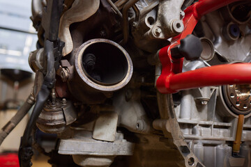 Engine valve car maintenance. The cylinder block of the four-cylinder engine. Disassembled motor...