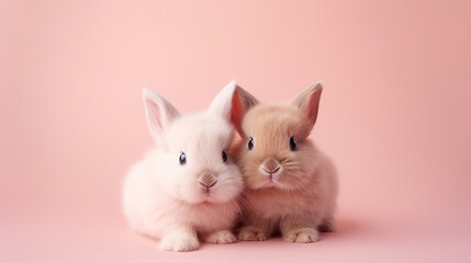 Cute rabbits on pink background.