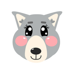 Cartoon kawaii cute wolf face for children isolated on white background. Vector illustration for baby, kids