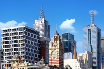 Australia scenic Melbourne downtown skyline panorama near Yarra River and financial business center.