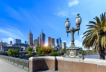 Australia scenic Melbourne downtown skyline panorama near Yarra River and financial business center.
