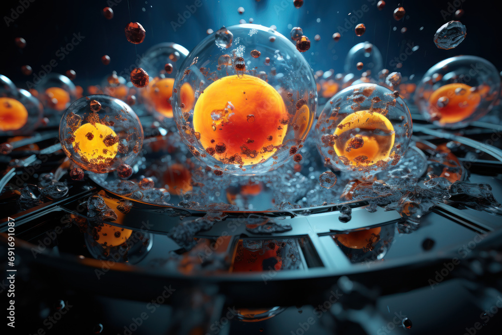 Poster a computer simulation of nuclear reactions, showcasing the sophisticated modeling and simulations us