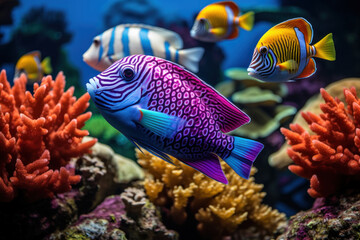 Naklejka na ściany i meble A colorful array of tropical fish navigating through a coral garden, highlighting the intricate beauty of underwater ecosystems. Concept of the diversity and fragility of marine life. Generative Ai.