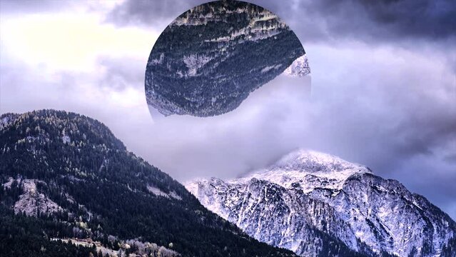 Abstract mountains covered with green forest and snow, big circle with the landscape reflection upside down. Mountainous landscape and a circle with mountains reflection, nature and geometry concept.