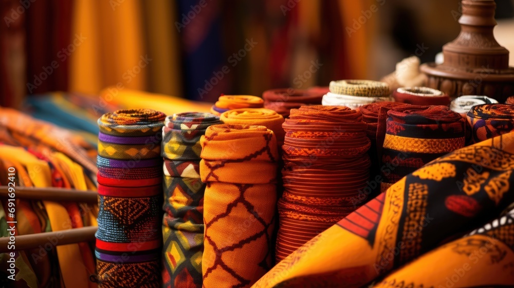 Poster colorful, rolled african textiles on display with intricate patterns