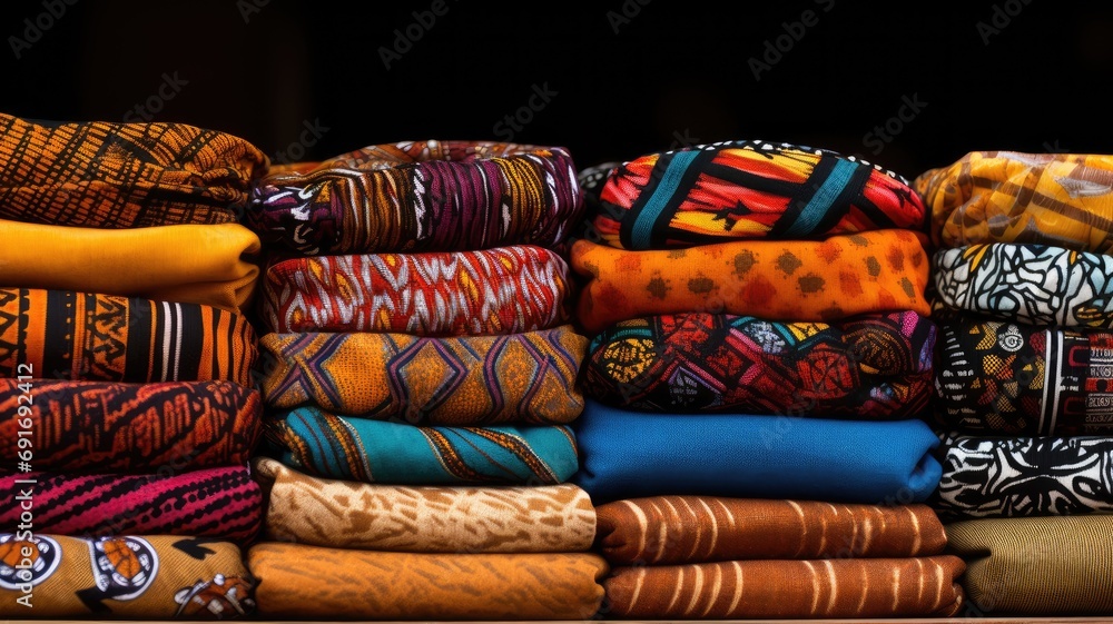 Poster a colorful array of african textiles neatly folded in a pile