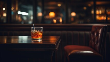 A whiskey glass with a straw on a bar table, warm ambiance - obrazy, fototapety, plakaty