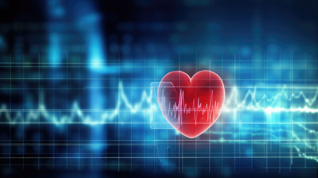 A 3D heart with an ECG line on a futuristic blue background
