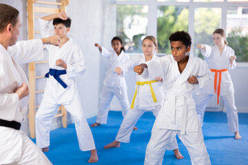 Fototapeta na wymiar Group of boys and girls in kimonos train karate techniques in studio..