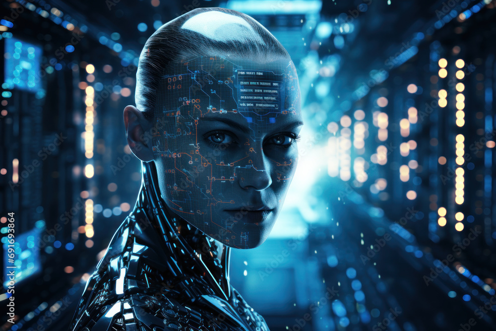 Poster a cybernetic humanoid, adorned with glowing circuitry, stands against a backdrop of binary code, emb