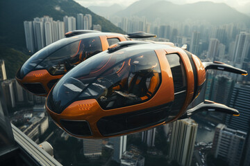 Hovering transport pods cruise above a cityscape, gliding effortlessly between skyscrapers, showcasing the advanced transportation systems of a sci-fi future. Generative Ai.