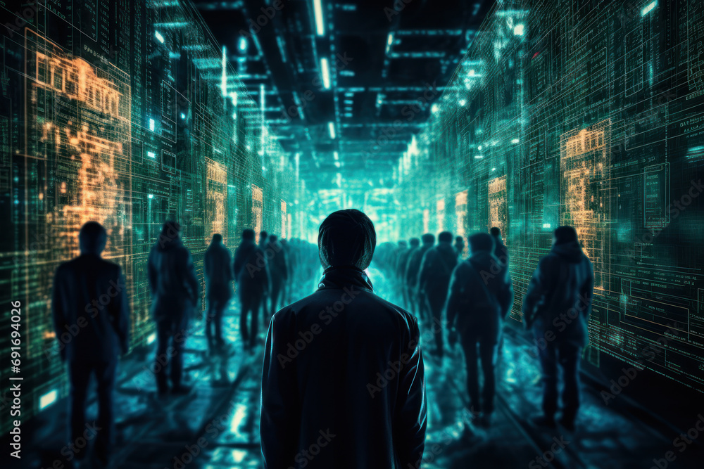 Poster cyberspace hackers navigating through a digital labyrinth of floating code and firewalls, highlighti