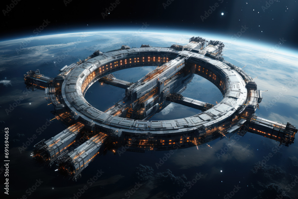 Poster a colossal space station in orbit around a distant planet, serving as a hub for interstellar travel 