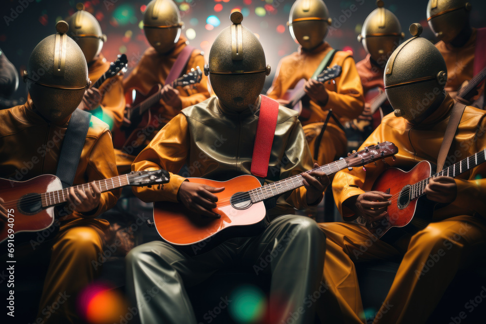 Poster android musicians playing instruments with synthetic precision, creating an otherworldly symphony of