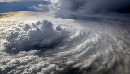 Large-scale aerial photo of a hurricane, clouds, and strong winds