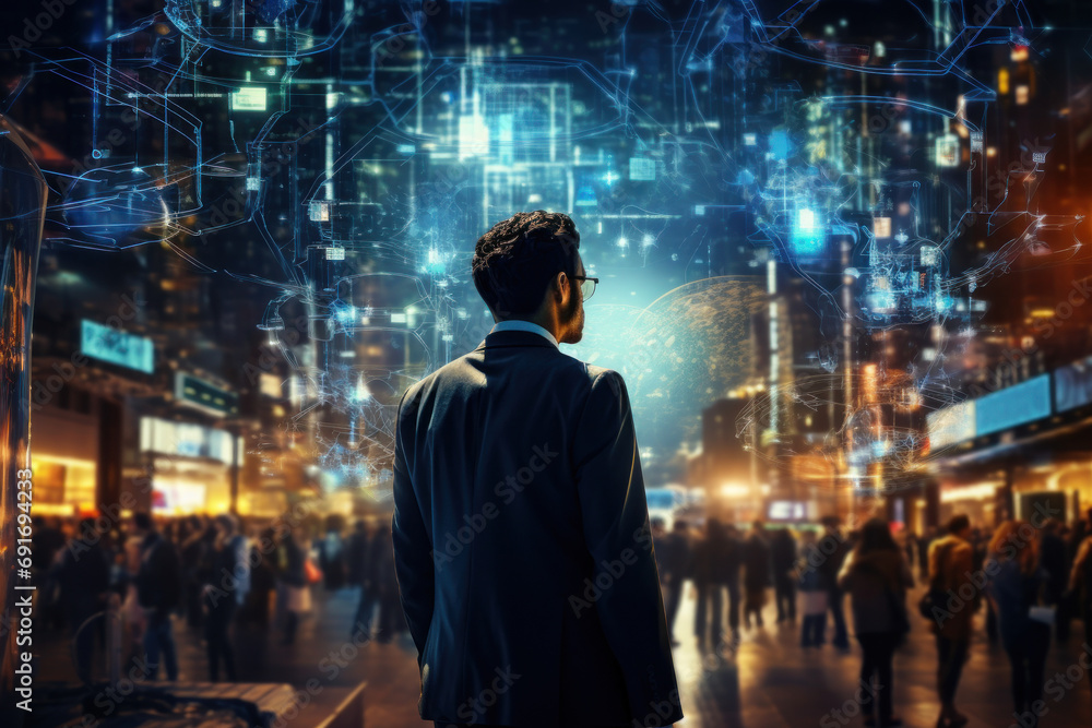 Poster an artificial intelligence overseeing the management of a futuristic city, optimizing resources and 