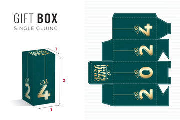 Happy New Year 2024 Gift Box Double Height Die Cut Template with 3D Preview - Blueprint Layout with Cutting and Scoring Lines over Glossy Lettering on Green - Packaging Graphic Design