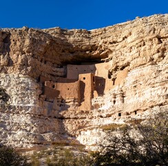 Montezuma Castle National Monument Cliff Rock Dwellings.  Historic Indigenous Sinagua People Habitat Landscape, Camp Verde Arizona Southwest USA