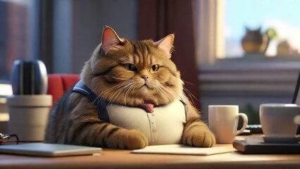 a cat sitting at a desk in front of a computer, fat cat on desk, pouty look, portrait of a cartoon animal.