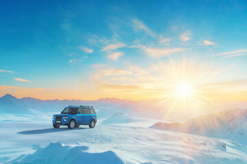 Fototapeta na wymiar SUV on the background of a beautiful winter landscape, snow-capped mountains, bright sun and clean air, frosty freshness