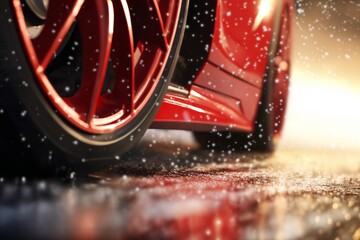 a red car wheel close-up on the background of a winter snow-covered road with ice, the concept of...