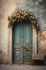 Fototapeta na wymiar vertical image of old shabby blue wooden door with flowers on a cracked wall