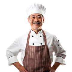 Cheerful mature Asian cook man posing and smiling at camera, chef in an apron png format on transparent background Fictional Person, Generative AI
