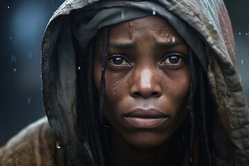 portrait of sad african american homeless woman in the rain - obrazy, fototapety, plakaty