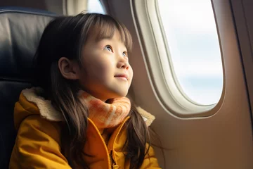 Gordijnen adorable little asian girl looks out the airplane window © Маргарита Вайс