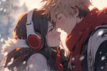 Fototapeta premium beautiful couple of embarrassed anime girl and boy in love under snowfall