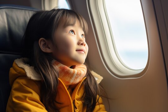 adorable little asian girl looks out the airplane window