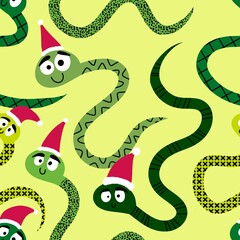 Obraz premium Christmas cartoon animals seamless snake and Santa hat pattern for new year wrapping paper and fabrics
