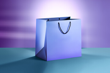Blue paper shopping bags mockup with black handles	
