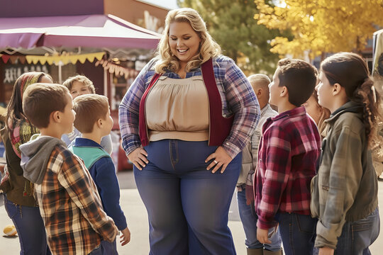  Playful Autumn Day: plus size Teacher Enjoying Time with Students Outdoors