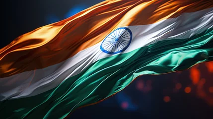 Fotobehang India Republic Day. A vibrant scene unfolds on India Republic Day: Tri-color flags flutter in the patriotic breeze as people celebrate democracy, unity, and national pride. © Ruslan Batiuk