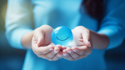 Hands holding blue happy smile face for medical care concept. mental health positive thinking