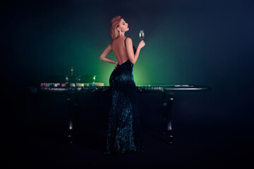 Photo of chic attractive vip girl standing poker table raise glass with wine win jackpot black jack...