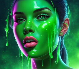 Verdant Elegance: Close-Up Shot of a Beautiful Woman with Green Substance on Her Face and Emerald Eyes