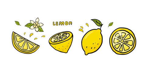 Colorful set of cute cartoon lemons, lemon slices and lettering. Element for print, postcard, menu, poster or advertising. Vector illustration EPS10. Isolated on white background