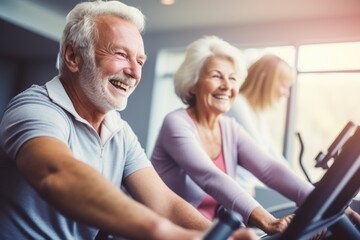 group of positive satisfied seniors in the gym on an exercise bike