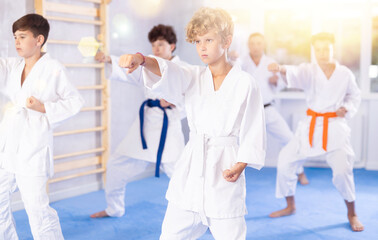 Fototapeta premium Group lesson in karate or taekwondo for kids in modern gym. Practicing kicks