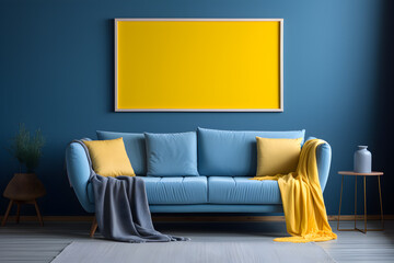 Interior de sala de estar con sofá azul, mesa de café, manta amarilla, cojines amarillos y azules y cuadro amarillo - obrazy, fototapety, plakaty