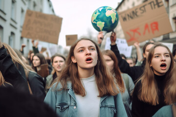 Protest, strike and climate change with a group of women fighting for our planet or human rights in the city. Environment, movement and pollution with female activist marching against global warming - obrazy, fototapety, plakaty