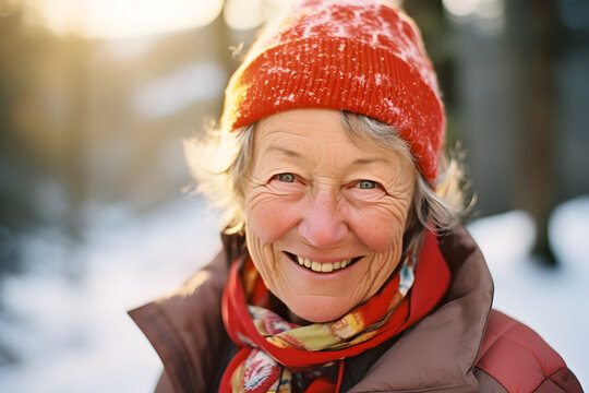 Mujer Mayor Feliz Con Gorro Y Bufanda Roja Sonriendo A La Cámara En Invierno