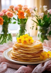 Obraz na płótnie Canvas a stack of fresh hot pancakes on a plate on the table, crepes, flowers, Maslenitsa, spring, breakfast, meal, bouquet, traditional Russian dish, flowering, baking, sunlight, still life, lunch, dinner