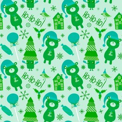 Christmas tree and animals seamless bears and candy and house and snowflakes pattern for wrapping paper