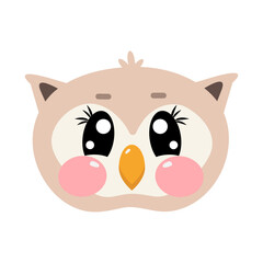 Cartoon kawaii cute happy sweet face, head of owl for children isolated on white background. Vector cartoon owl illustration for baby, kids