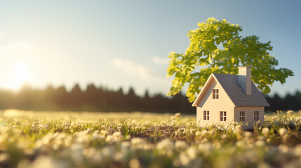 Closed up tiny home model on green grass with sunlight background. - obrazy, fototapety, plakaty