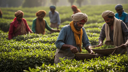 Large tea leaves in India are collected by women and men from tea plantations during the seasonal summer. The tea harvesting process is an integral part of the tea extraction concept - obrazy, fototapety, plakaty