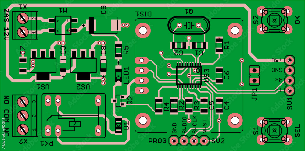 Poster vector printed circuit board of an electronic device with components of radio elements, conductors a